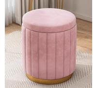 Pink Round Velvet Storage Ottoman - Modern Upholstered Footrest with Removable Lid Stylish Gold Metal Base Vanity Stool for Living Room Bedroom & Entryway Decor