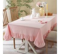 Pink Ruffled Tablecloth - Solid Cotton Round Table Cover for Desserts, Parties, Weddings - 140x140cm (140x260cm) - Elegant Home Decor & Event Styling