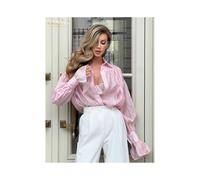 (Pink, S) Clacive Fashion Loose Pink Office Women's Blouse Elegant Lapel Long Sleeve Shirt Casual Classic Solid Top Female Clothing