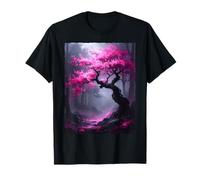 Pink Sakura Cherry Blossom Tree in Dark Mystic Forest T-Shirt