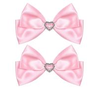 Pink Satin Hair Bow Clips, Christmas Valentine School Hairpins with Heart Rhinestones,Handmade Bowknot Hair Accessories for Kids Girls New Year Decor