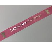 Pink Satin Ribbon with Silver Baby's First Christmas Print 25mm x 1m