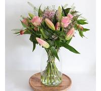 Pink Scented Oriental Lily Hand Tied Bouquet with roses, waxflower, alstroemria and thlaspi. Luxury Hand Tied Bouquet for Birthday, Anniversary, Thank you, Congratulations with Handwritten card