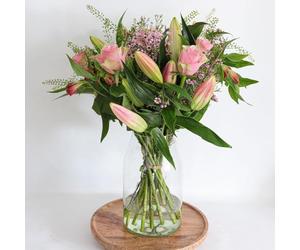 Pink Scented Oriental Lily Hand Tied Bouquet with roses, waxflower, alstroemria and thlaspi. Luxury Hand Tied Bouquet for Birthday, Anniversary, Thank you, Congratulations with Handwritten card
