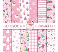 Pink Scrapbook Paper Pack - 24 Double-Sided Sheets, 12 Designs - Santa, Snowflakes, Origami Paper for Junk Journals, Card Making, Box Wrapping