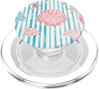 Pink Sea Shells Turtle Coral On Blue Striped Summer Coastal PopSockets PopGrip for MagSafe
