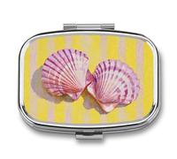 Pink Seashells on A Light Yellow Stripes Pill Box 2 Compartment Portable Medicine Pill Case Travel Pill Organizer for Pocket Purse