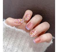 Pink Semi-Transparent Press on Nails with Glossy Finish and Daisy Flower Design - Oval Shaped Short False Nails with Purple French Tip for Women Daily Wear, Easy Application and No Tools Needed,