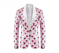 Pink Sequin Men's Suit, Heart Pattern, Single Row One Button, Shawl Lapel, Slim Fit, Size XS-3XL (Pink,L)
