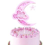 Pink Sequin Moon Shape Happy Birthday Cake Topper - Paper Cloud and Star Decorations for Girls and Women Birthday Cakes