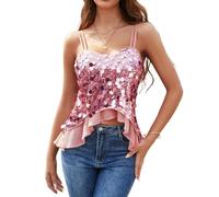 Pink Sequin Top for Women V Neck Strappy Sparkly Vest Camisole with Ruffle Glitter Elegant Sleeveless Tank Shirt for Party Club Ladies Going Out Tops Pink XL