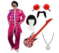 Pink Sgt. Pepper Inspired Fancy Dress Set - Medium - Jacket, Wig, Inflatable Union Jack Guitar, Round Glasses, Moustache & Peace Necklace