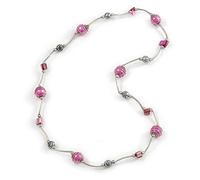 Pink Shell and Glass Bead with Wire Detailing Necklace In Silver Tone Metal/ 70cm Long