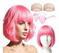 Pink Short Bob Wig for Women Ladies, 1Pcs Short Bob Wigs Set with Bangs, 2 Wig Caps & 1 Heart Sunglass, Colourful Fancy Dress Wigs for Ladies Fancy Dress Up Day Cosplay Halloween Neon Party Accessory