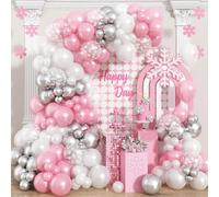 Pink Silver Balloon Arch Kit 143Pcs Snowflake Balloon Arch Pearl Pink White Metallic Silver Balloons Garland for Girls Princess Christmas Xmas Winter Snow Wonderland Birthday Party Decorations