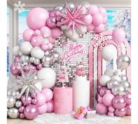 Pink Silver balloon arch kit,Pink White Snowflake Balloon Garland Set with Metallic Silver Balloons for Christmas Girls Women Birthday Baby Shower Winter Party Decorations