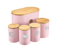 Cooks Professional 5 Piece Ribbed Tea Coffee Sugar Bread & Biscuit Cannisters with Air-Tight Bamboo Lids | Stainless Steel Kitchen Storage Bin Set | Modern & Stylish | Pink & Silver