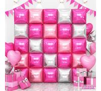 Pink Silver Double Sided Square Foil Balloons Wall, Chrome Silver Hot Pink Foil Balloons Tunnel Arch Kit for Baby Princess Theme Party Birthday Girl Baby Shower Anniversary Wedding 2025 graduation