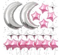 Pink Silver Moon Star Balloons,Large Moon Balloons Round Balloon Four Pointed Star Balloon for Boy Girl Baby Shower Birthday Anniversary Party Decoration