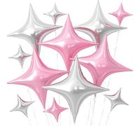 Pink Silver Star Balloons,12Pcs Four Angle Star Foil Balloons,26Inch and 10Inch Pink Silver Quadrangle Helium Balloon for Birthday Anniversary Baby Shower Wedding Party Decorations