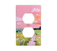 Pink Sky Green Fields Path White Flowers Outlet Cover Light Switch Cover Decorative 1 Gang Wall Plate for Kitchen Room Bathroom Size 7x11.4cm