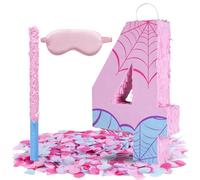 Pink Spider Web Number 4 Pinata, 16 Inch Spider Web Piñata for Boys Girls 4th Birthday Party Decorations with Stick, Blindfold and Confetti (Spider Web Number 4 Pinata)