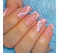 Pink Square Press on Nails with Silver Glitter Wave Design - Elegant Touch Square Medium Stick on for Women White Swirl Glitter Pink Curved Minimalist Nude Base