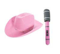 Pink Star Cowboy Hat & Inflatable Microphone Set - Fancy Dress Accessories for Hen Party, Festival, Western Costume, Pop Star Theme