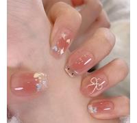 Pink Stick On Nails, Coffin False Nails With Glue 24Pcs - Ombre Pink With Hearts Bows Cats Stars Design - 12 Sizes Fake Nail Set - Easy Press On Nails Kit For Home Travel Party Daily Gift
