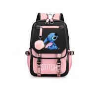 (Pink) Stitch Students Backpack Boys Girls Outdoor Cartoon Daypack With Usb Charge Port