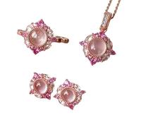 Pink Stone Jewelry Set French Inspired Design Pendant Necklace Earrings Ring Suite for Women Occasion