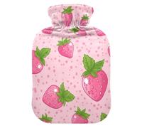Pink Strawberries Green Leaves Hot Water Bottle with Soft Velvet Cover Hot Water Bag for Neck and Shoulder Pain Relief Small