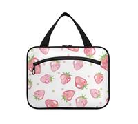 Pink Strawberries on White Background Hanging Mens Toiletry Travel Bag with Hook, Designer Chic Cosmetic Makeup Bag for Traveler Hotel bolso Viajero para Mujer L
