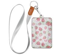 Pink Strawberries on White Background Leather Badge Holder for Women with Lanyard and 3-Card Capacity case with Card Holder for Office Shcool Hospital & Driver Licence