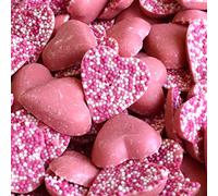 Pink Strawberry Flavour Chocolate Heart's - Hannah's Jazzles Hearts Tub - Approx 120 Sweets - Strawberry Flavour Candy With Candy Topping - Valentines Sweet Gift Box