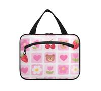Pink Strawberry Flower Check Pattern Hanging Large Hanging Travel Toiletry Bag with Hook, Designer Portable Skin Care Bag for Travelers Vacation bolso para maquillaje