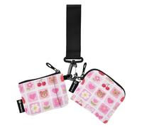 Pink Strawberry Flower Check Pattern Women's Coin Wallet Card Holder Cute Fashion Identity Card Protector with Zipper Coin Pocket for Ladies 2 Pcs estuche para tarjetas de credito