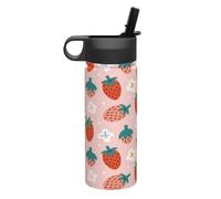 Pink Strawberry Flower Cute Insulated Water Bottles with Straw Stainless Steel Water Flask Leakproof Double Walled Vacuum Thermos for Fitness Gym Yoga Sports 18oz