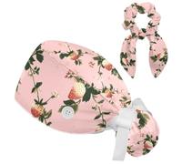 Pink Strawberry Leaves Scrub Caps Women Nurse Hat Surgical Cap Bouffant Working Cap Button Sweatband