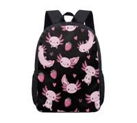 Pink Strawberry Salamander Print Backpack for Girls, 17 Inch Kawaii Cartoon Animal Fruit Student School Bag with Hearts (02)