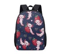 Pink Strawberry Salamander Print Backpack for Girls, 17 Inch Kawaii Cartoon Animal Fruit Student School Bag with Hearts (03)