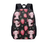 Pink Strawberry Salamander Print Backpack for Girls, 17 Inch Kawaii Cartoon Animal Fruit Student School Bag with Hearts (01)