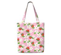 Pink Strawberry With Green Leaves Flower,Reusable Grocery Bags Shopping Tote Bags Large Capacity Canvas Shoulder bag