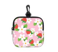 Pink Strawberry with Green Leaves Flower, Square Zipper Storage Bag, Neoprene Coin Purse, Small Wallets, Change Pouch, Change Purse