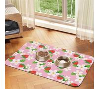 Pink Strawberry With Green Leaves Flower,Waterproof Pet Feeding Mat,PU Leather Placemats for Cat Dog Water Bowl,Food Mats,30x45cm