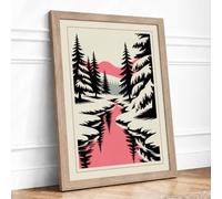 Pink Stream Through Conifers Modern Framed Wall Art Print A1