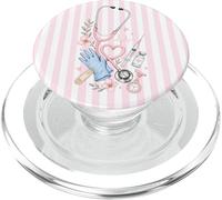 Pink Stripe Floral Stethoscope Pattern Nurse Practitioner PopSockets PopGrip for MagSafe