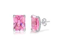 Pink Stud Earrings for Women, Rectangle Square Cubic Zirconia Studs, Hypoallergenic Sparkling Pink Crystal Fake Diamond Earrings, Pink & Silver Halo Jewelry for Daily Wear & Gifts