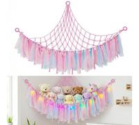 Pink Stuffed Animal Hammock, Large Teddy Storage Toy Net for Stuffed Animals with LED Lights & Stars Tassels, Macrame Net Wall Hanging Organizer with Rings for Kids Room, Nursery Decor 59x39x39 in