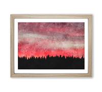 Pink Sunset Above A Forest Painting Modern Art Framed Print | A3 Oak Framed Wall Art | Ready to Hang | Modern Landscape Picture | Living Room Bedroom Lounge Office